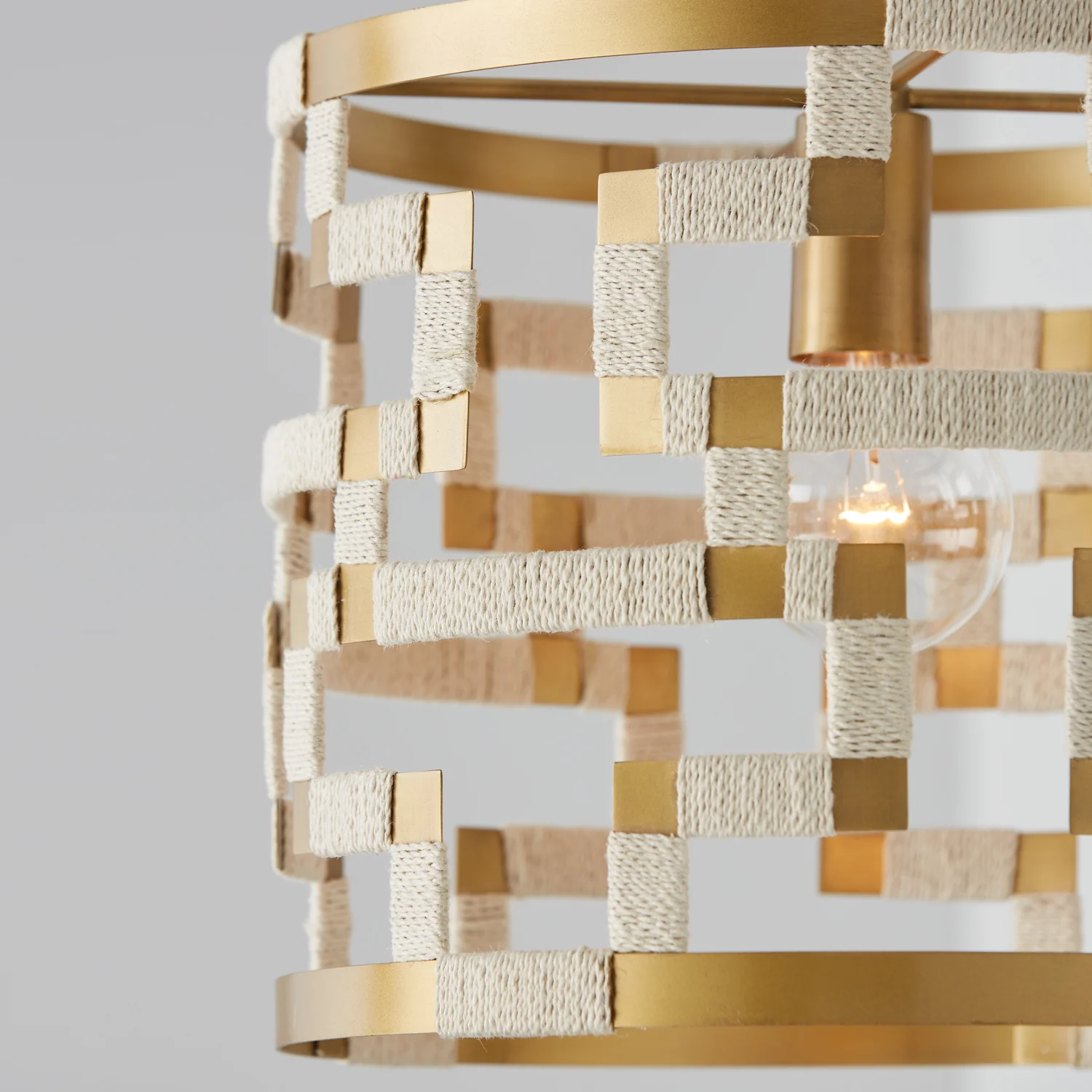 13 in W x 11 in H 1-Light Pendant in Bleached Natural Jute and Patinaed Brass - Greek Key Pattern Artisan Crafted - Image 3