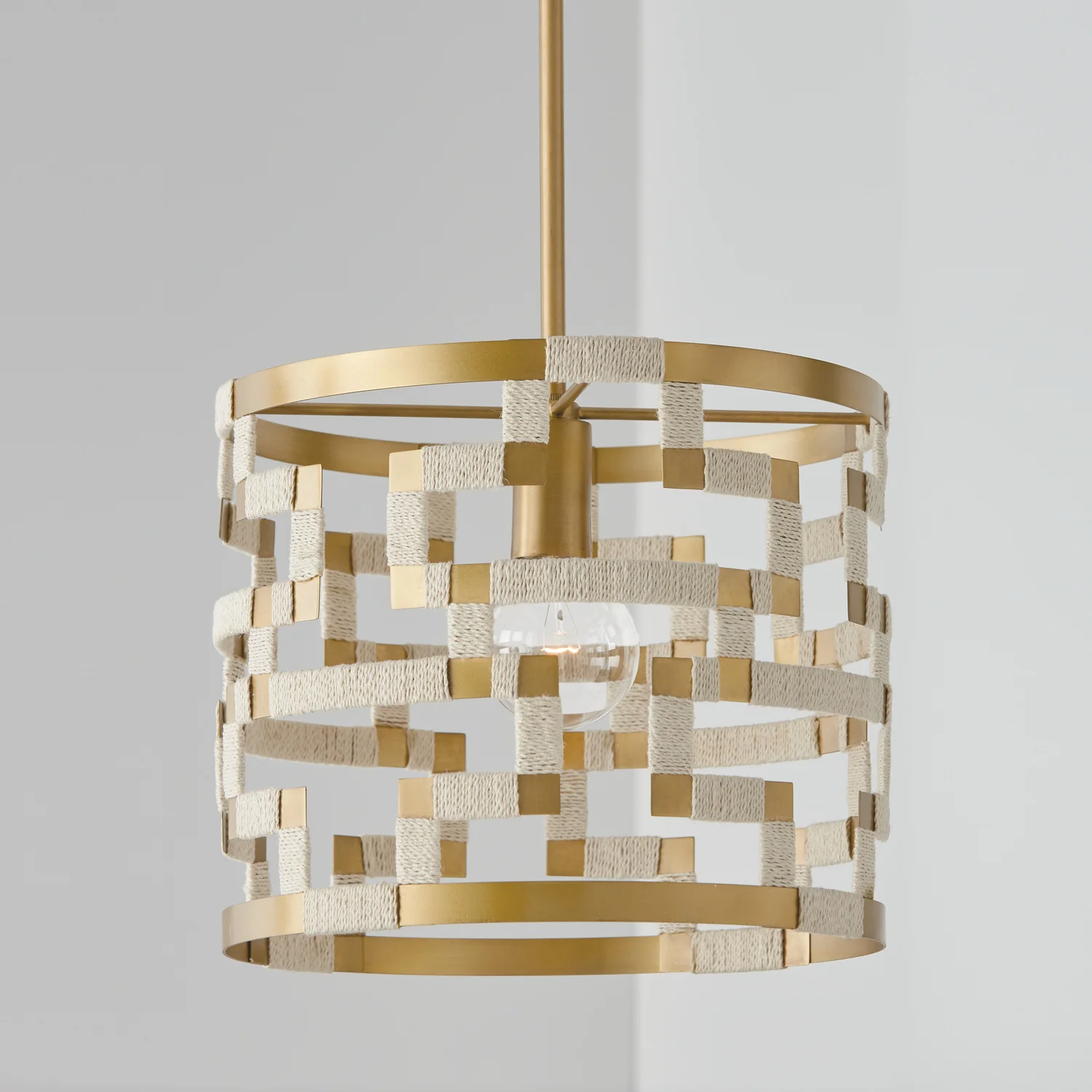 13 in W x 11 in H 1-Light Pendant in Bleached Natural Jute and Patinaed Brass - Greek Key Pattern Artisan Crafted - Image 4
