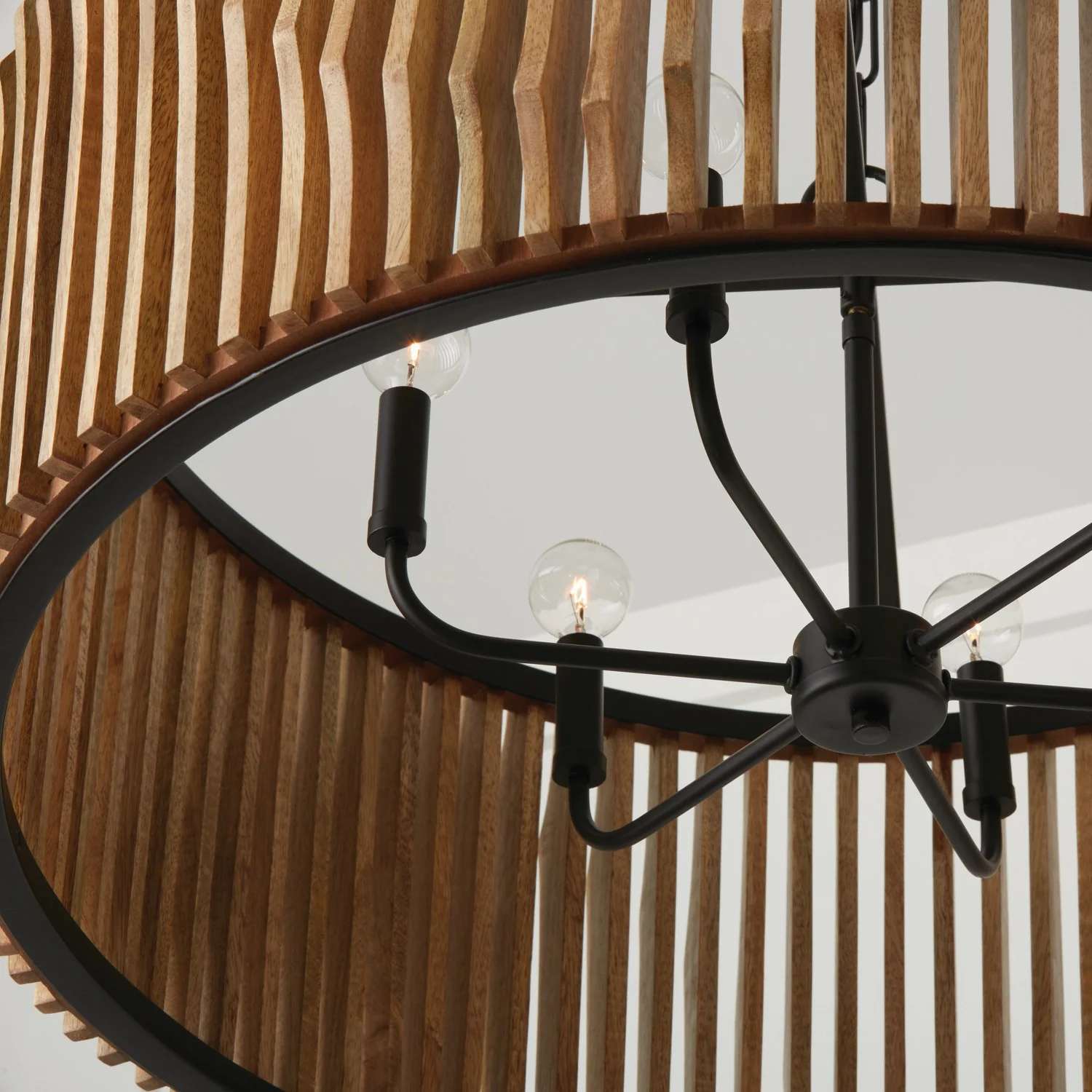 32.25 in W x 14-1/2 in H 6-Light Pendant Handcrafted of Light-Stained Wood and Matte Black Frame - Image 3