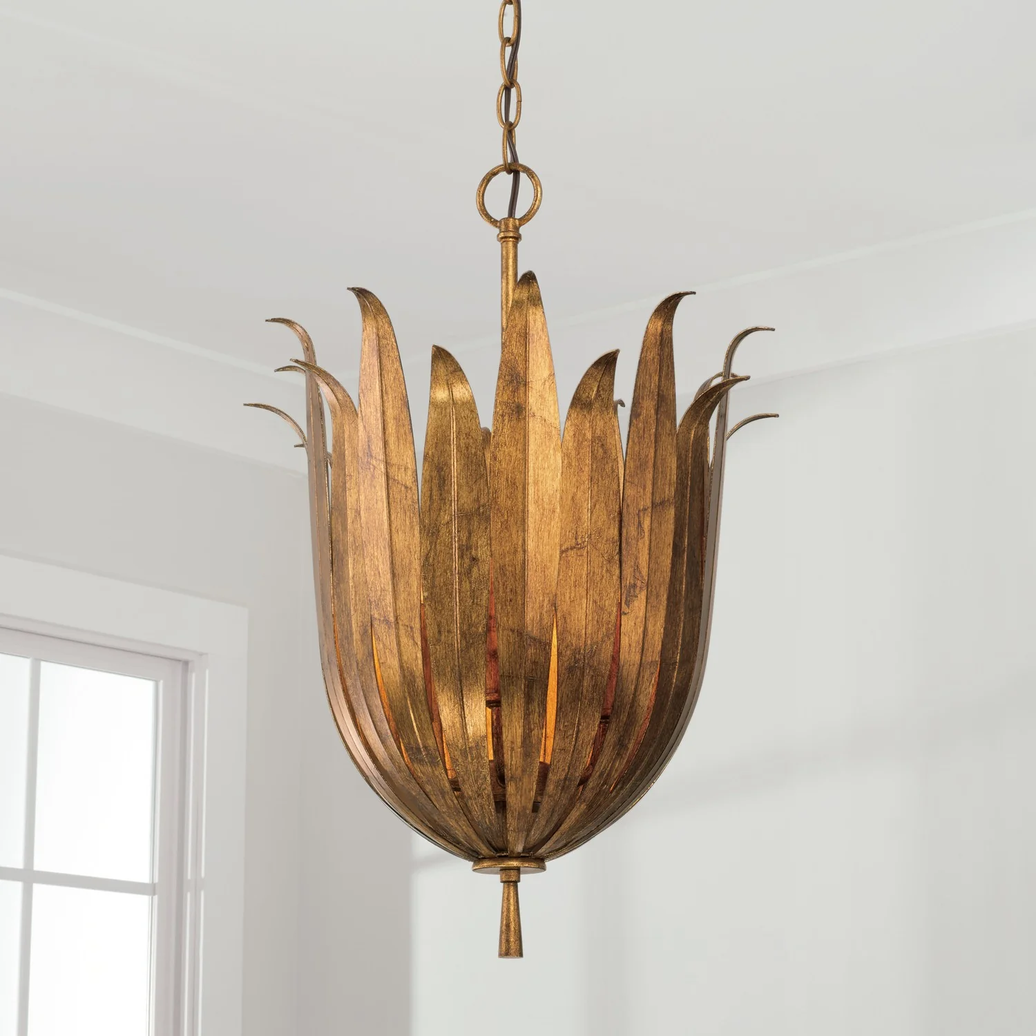 16 in W x 22 in H 4-Light Botanical Tall Foyer Pendant in Antique Gold - Image 4
