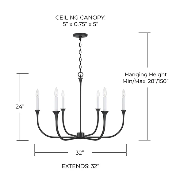 Decklan 6-Light Medium Chandelier, Black Iron - Image 2