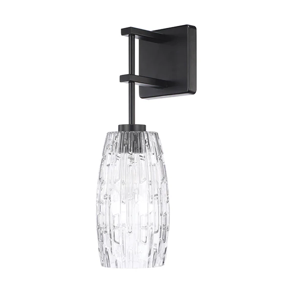 Casper 1-Light 17 in Wall Sconce with Clear Embossed Glass Shade, Matte Black
