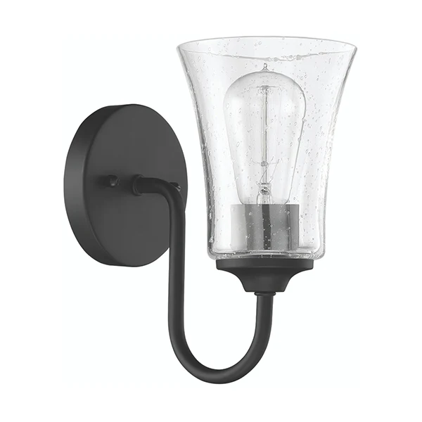 Gwyneth 1-Light Wall Sconce with Clear Seedy Glass Shade, Flat Black