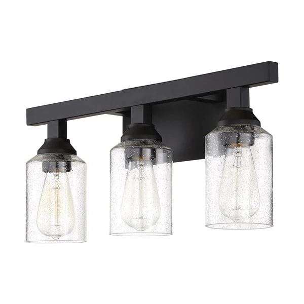 Chicago 3-Light Bathroom Vanity Light with Clear Seedy Glass Shade, Flat Black
