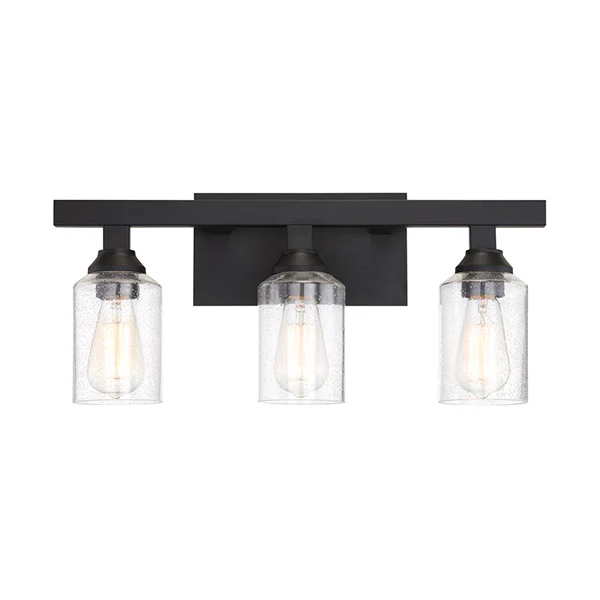 Chicago 3-Light Bathroom Vanity Light with Clear Seedy Glass Shade, Flat Black - Image 3
