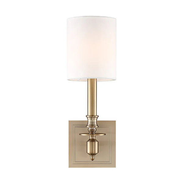Lloyd 1-Light Wall Sconce with White Fabric Shade, Aged Brass