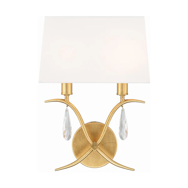 Rollins 2-Light Wall Sconce with White Fabric Shade, Antique Gold