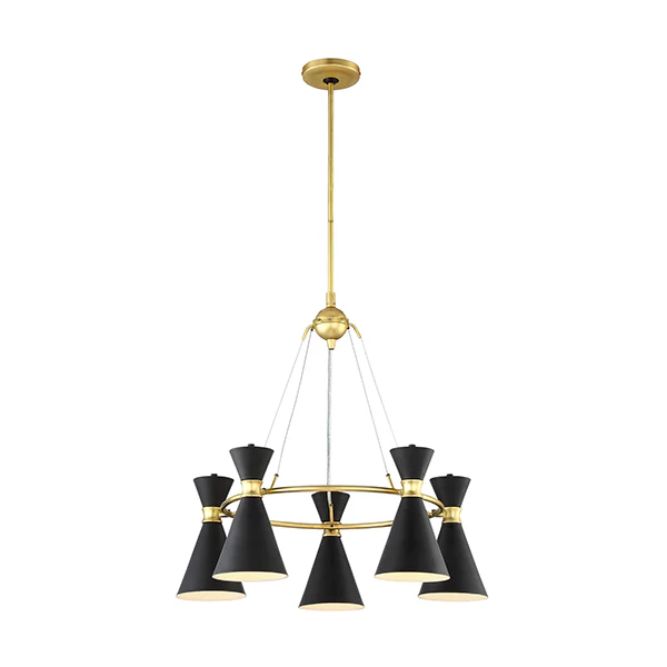 Conic 5-Light Wide Ring Chandelier with Steel Shades, Matte Black/Honey Gold