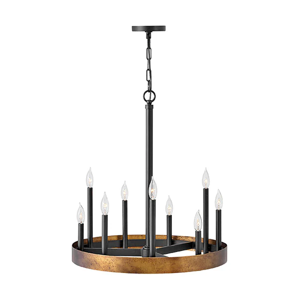 Wells 9-Light Medium Single-Tier Chandelier, Weathered Brass/Black Accent