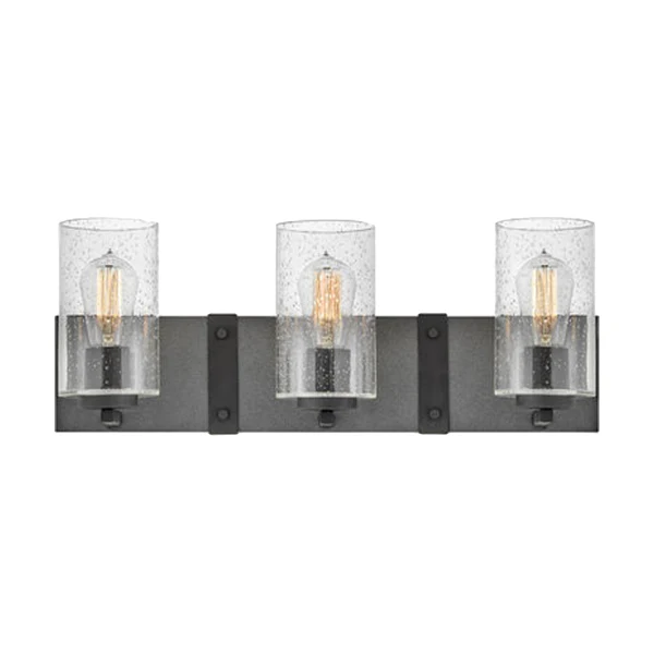 Sawyer 3-Light Bathroom Vanity Light with Clear Seedy Glass Shade, Aged Zinc - Image 2