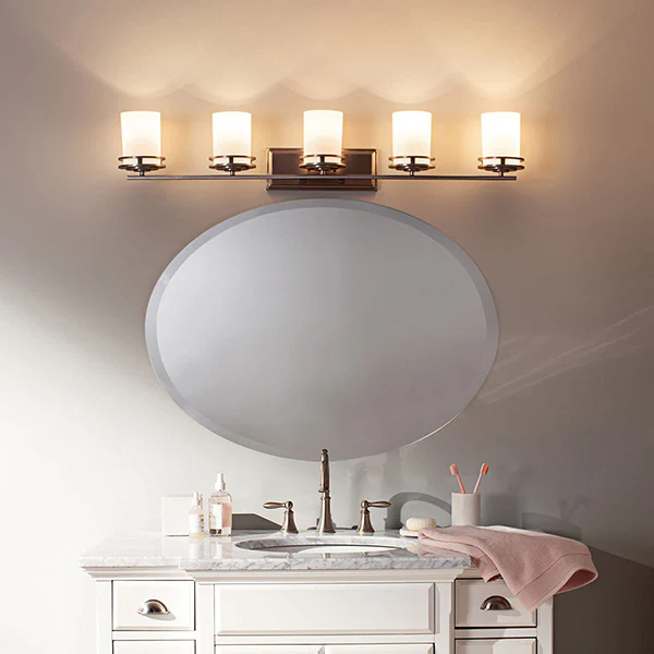 Hendrik 5-Light Bathroom Vanity Light with Satin Etched Cased Opal Glass, Brushed Nickel - Image 3