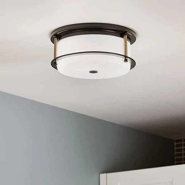 Brit Ceiling Light Flush Mount 2-Light Satin Etched Cased Opal Glass, Black/Champagne Bronze