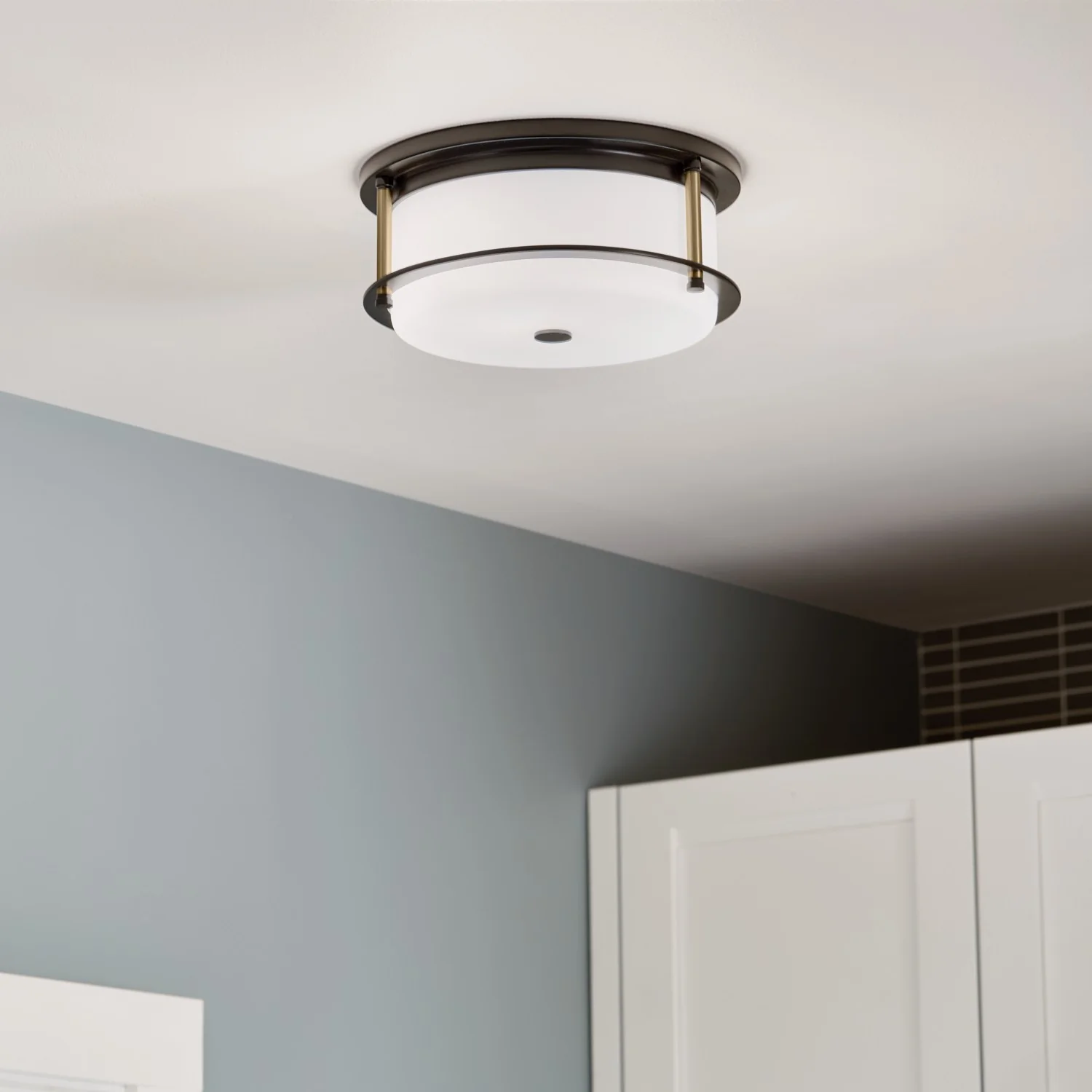 Brit Ceiling Light Flush Mount 2-Light Satin Etched Cased Opal Glass, Black/Champagne Bronze - Image 4