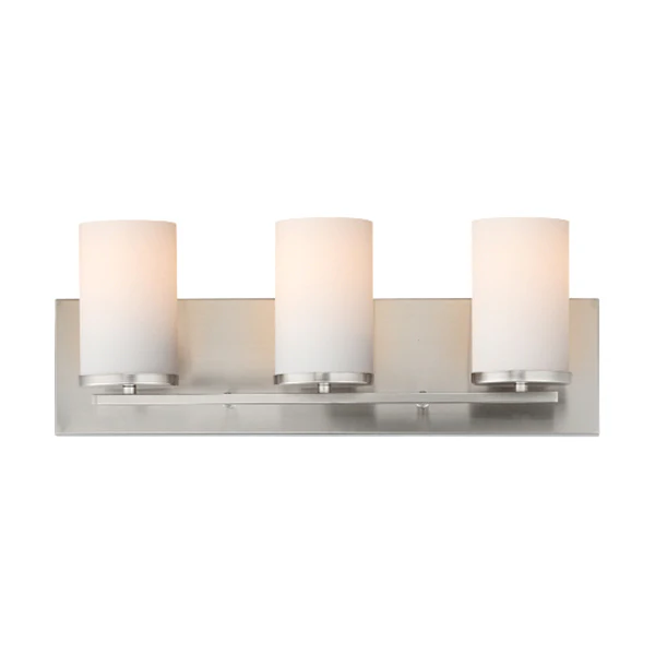 Lateral 3-Light Bathroom Vanity Light with Satin White Glass Shade, Satin Nickel