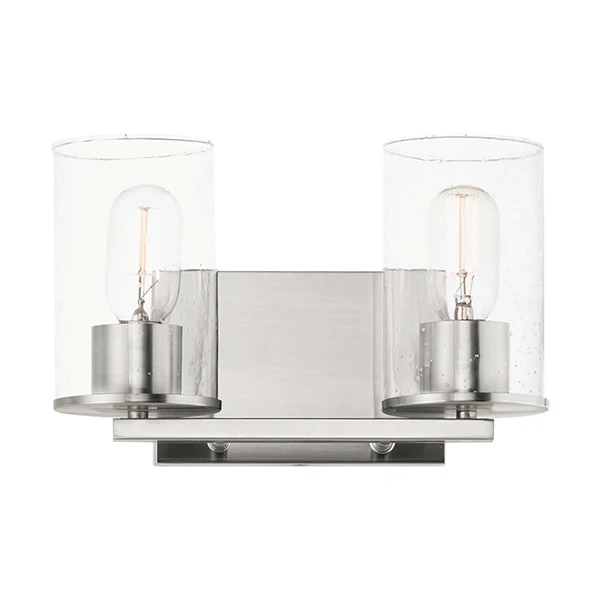Sleek 2-Light Bathroom Vanity Light with Clear Seedy Glass Shade, Satin Nickel