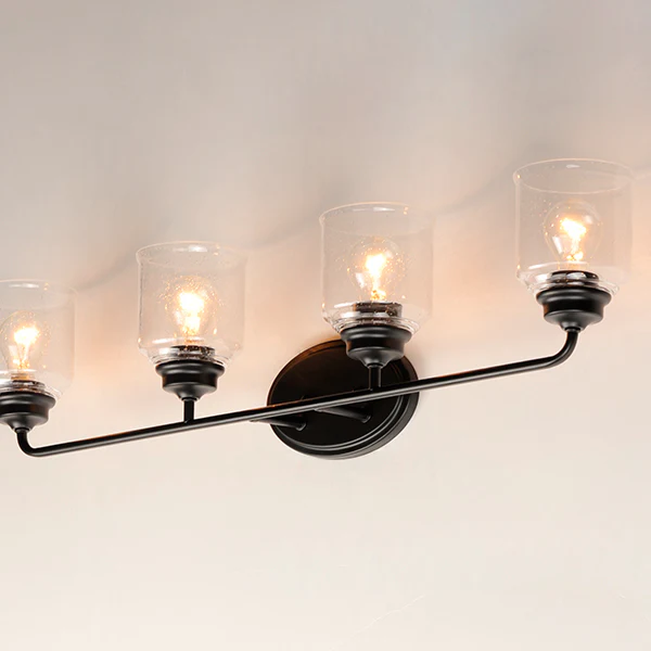 Acadia 4-Light Bathroom Vanity Light with Clear Seedy Glass Shade, Black - Image 3