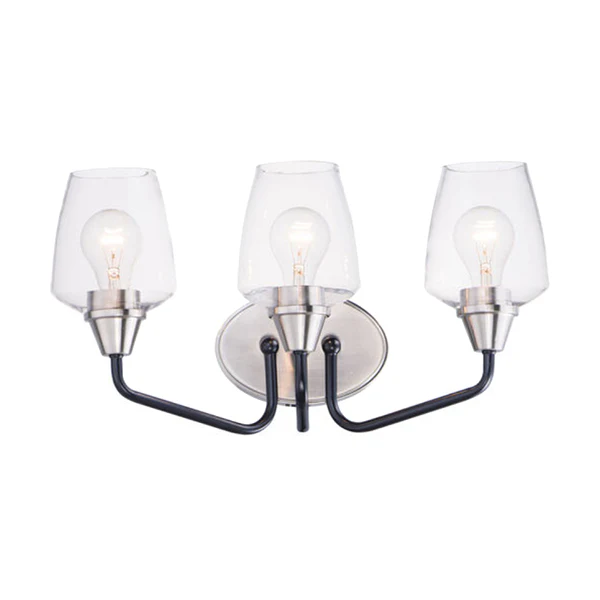 Goblet 3-Light Bathroom Vanity Light with Clear Glass Shade, Black/Satin Nickel