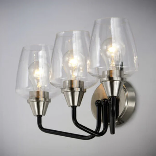 Goblet 3-Light Bathroom Vanity Light with Clear Glass Shade, Black/Satin Nickel - Image 2