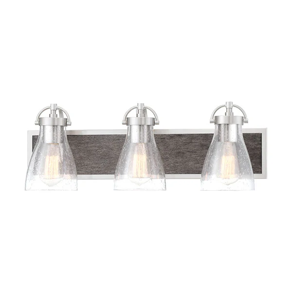 Garrison 3-Light Bathroom Vanity Light with Clear Glass Shade, Brushed Nickel/Shale Wood