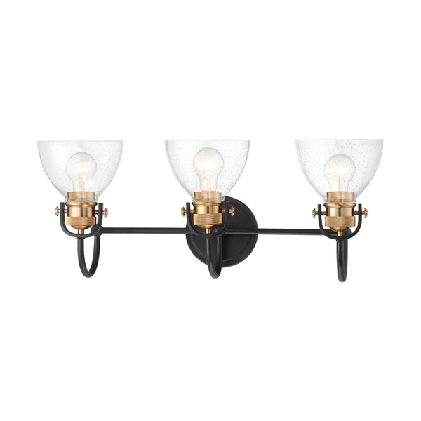 Monico 3-Light 26 in Bathroom Vanity Light with Clear Seedy Glass Shade, Bronze