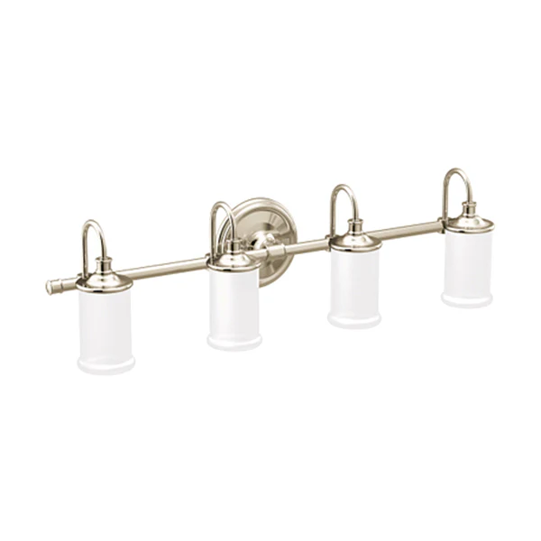 Belfield 4-Light Bathroom Vanity Light with White Glass Shade, Polished Nickel