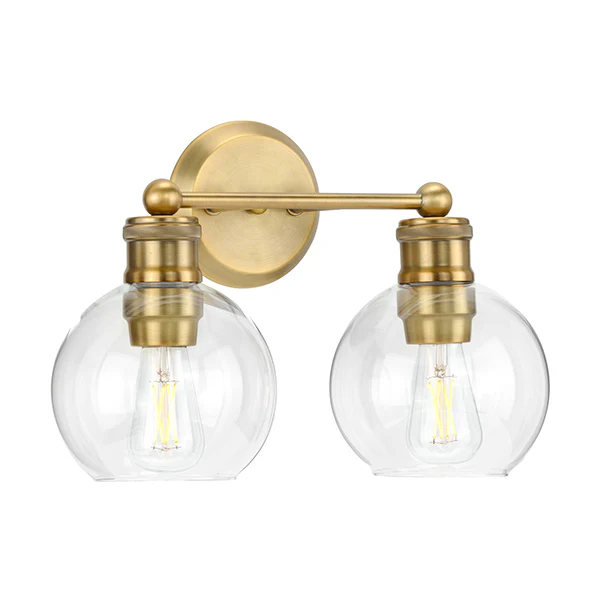 Hansford 2-Light Clear Glass Bath Vanity Light, Vintage Brass