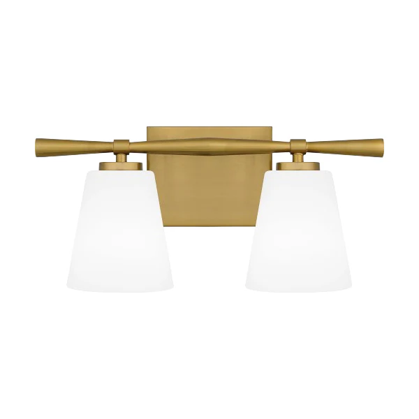 Brindley 2-Light Bathroom Vanity Light with Opal Etched Glass Shade, Aged Brass